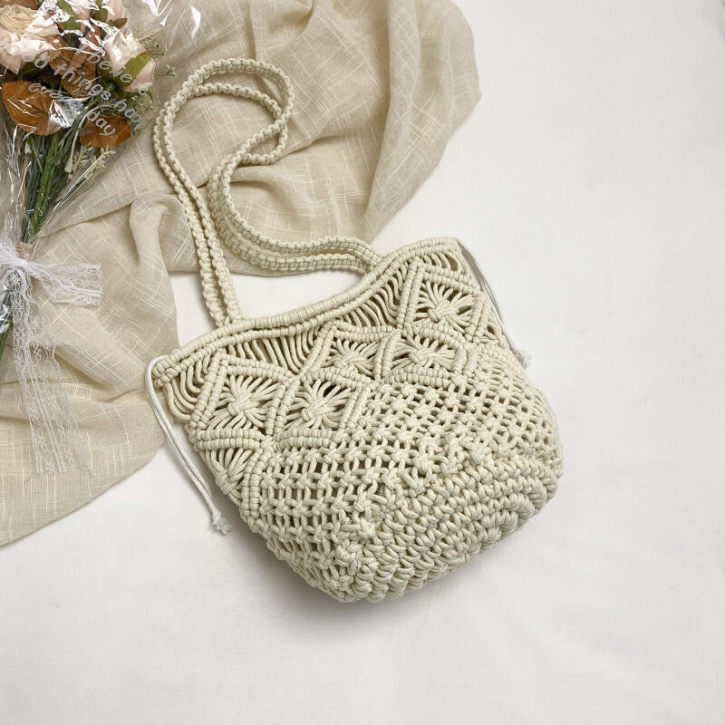 Drawstring Handwoven Tote Bag for Women Boho Summer Beach Bag with Geometric Pattern