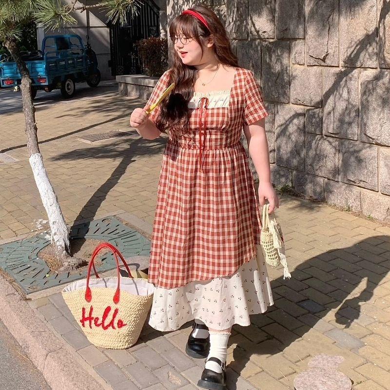 Large Size College Style French Sweet Temperament Fake Two-piece Dress Women's Summer Slim and Thin Plaid Dress