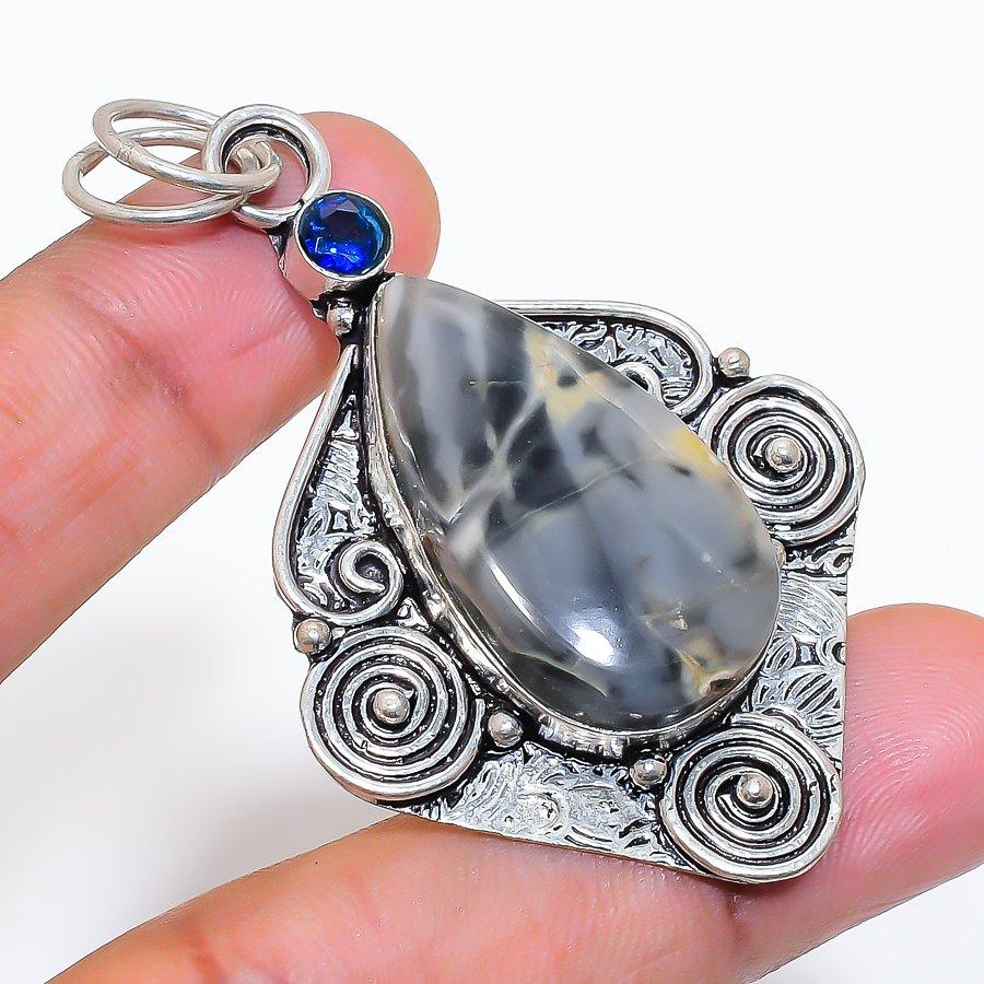 Natural Maligano Jasper, Iolite 925 Sterling Silver Jewelry Pendant 2.48" ZS-71