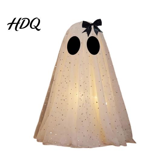 Creative Halloween Gift for Kids Ghost Decor Spooky Sequin Mesh Fabric with Witch Hat/Bow Lightweight Prop Small Standing Tabletop Decoration Indoor