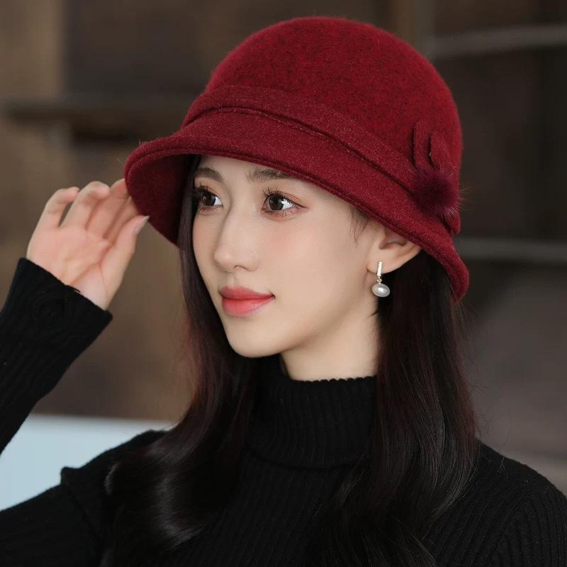 Woolen Bucket Hat Women's Autumn and Winter Warm Elegant British Retro Basin Hat Top Hat Winter Hat for Women