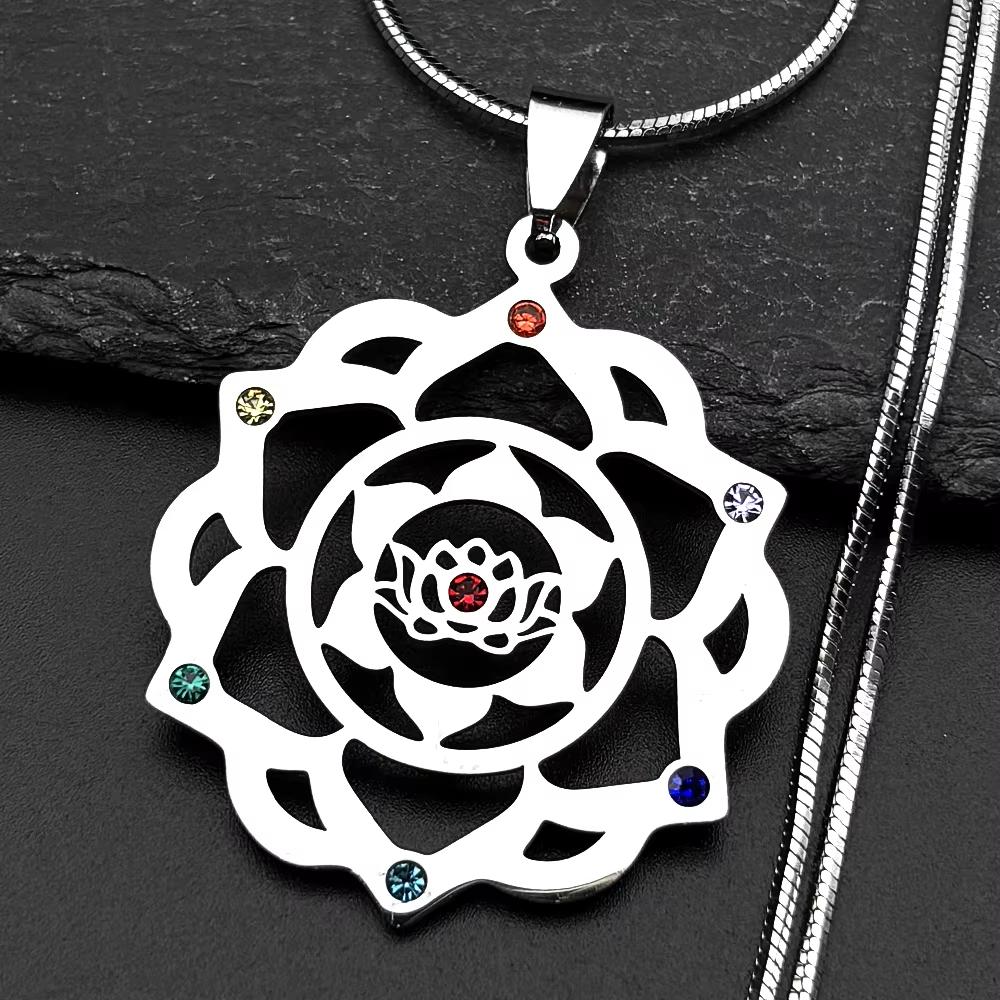 Flower Lotus Moon Pendant Necklace for Women Men Stainless Steel Silver Color 7 Chakra Healing Balance Chain Jewelry N9725S02