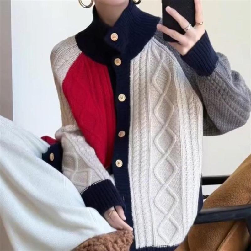 Women's Retro Hong Kong Style Mid-Length Cable Knit Wool Cardigan with Round Neck