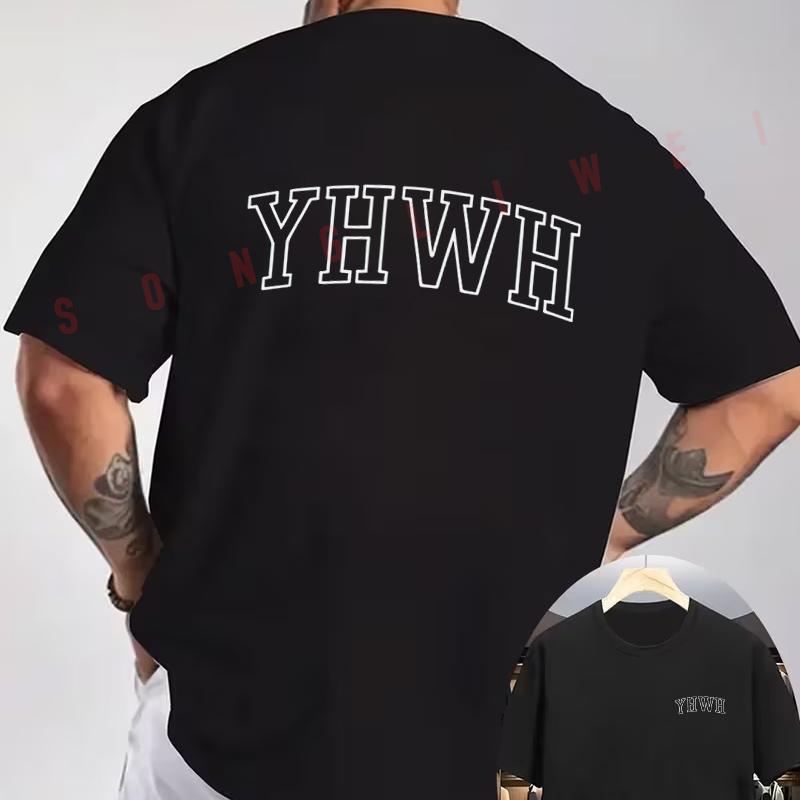 YHWH Hebrew Letter Graphic Motorcycle Double-Sided Print T-Shirt Men Short Sleeve O-neck Casua