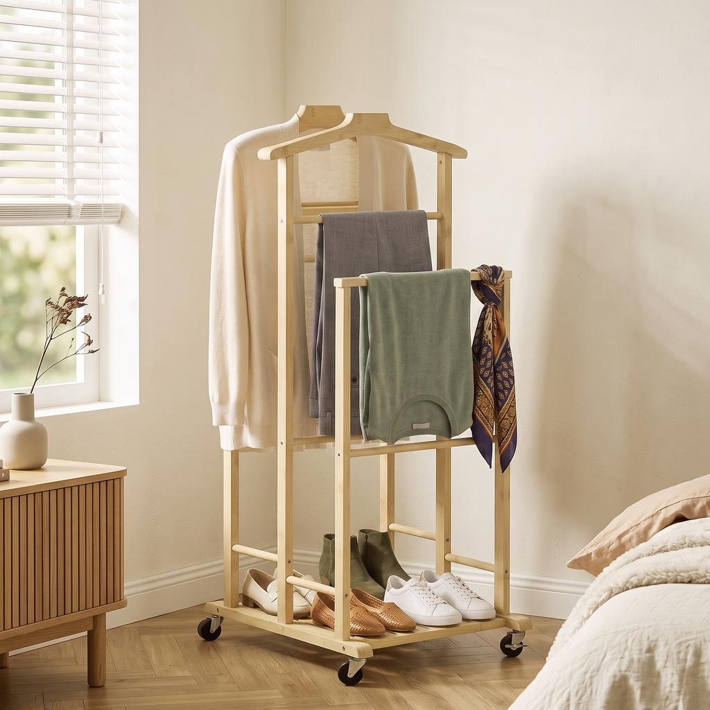 Bamboo Clothes Rack on Wheels, Compact, with Hangers, Hanging Rails, Shelf and Bottom Shelf, Oak Look