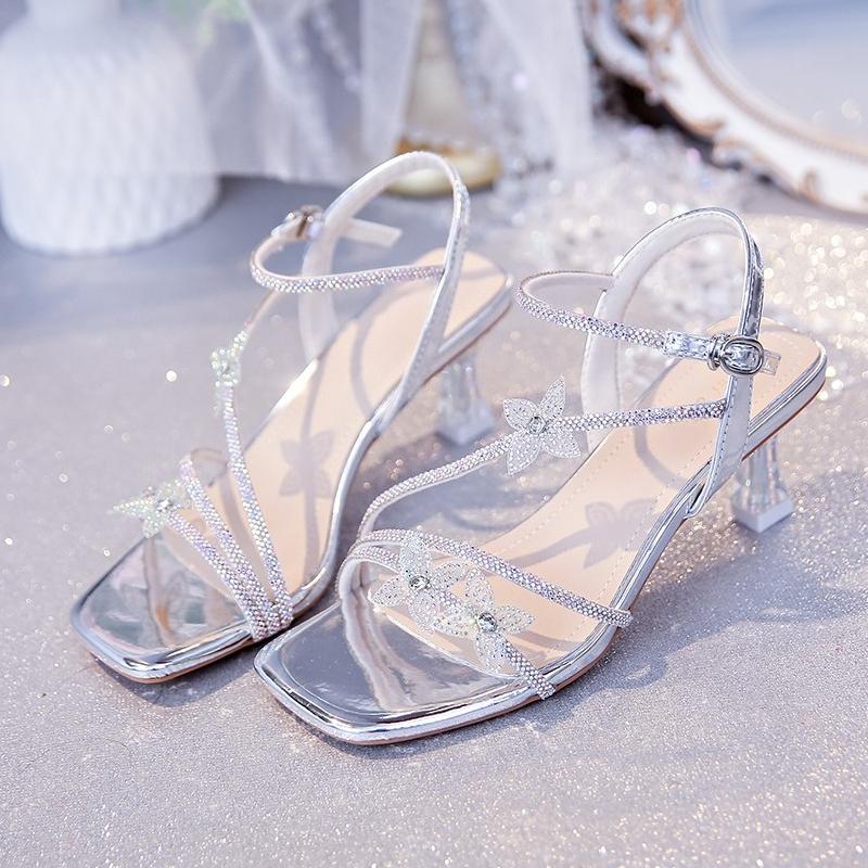 Fine with Butterfly Rhinestone Temperament Sandals Summer Square Head Foreign Air Fairy Everything Match High Heels