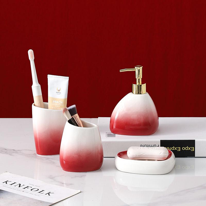 Gradient Red Ceramic Lotion Bottle Hotel Bathroom Toiletry Set Toothbrush Holder Mouthwash Cup Soap Dish Ceramic Soap Dispenser