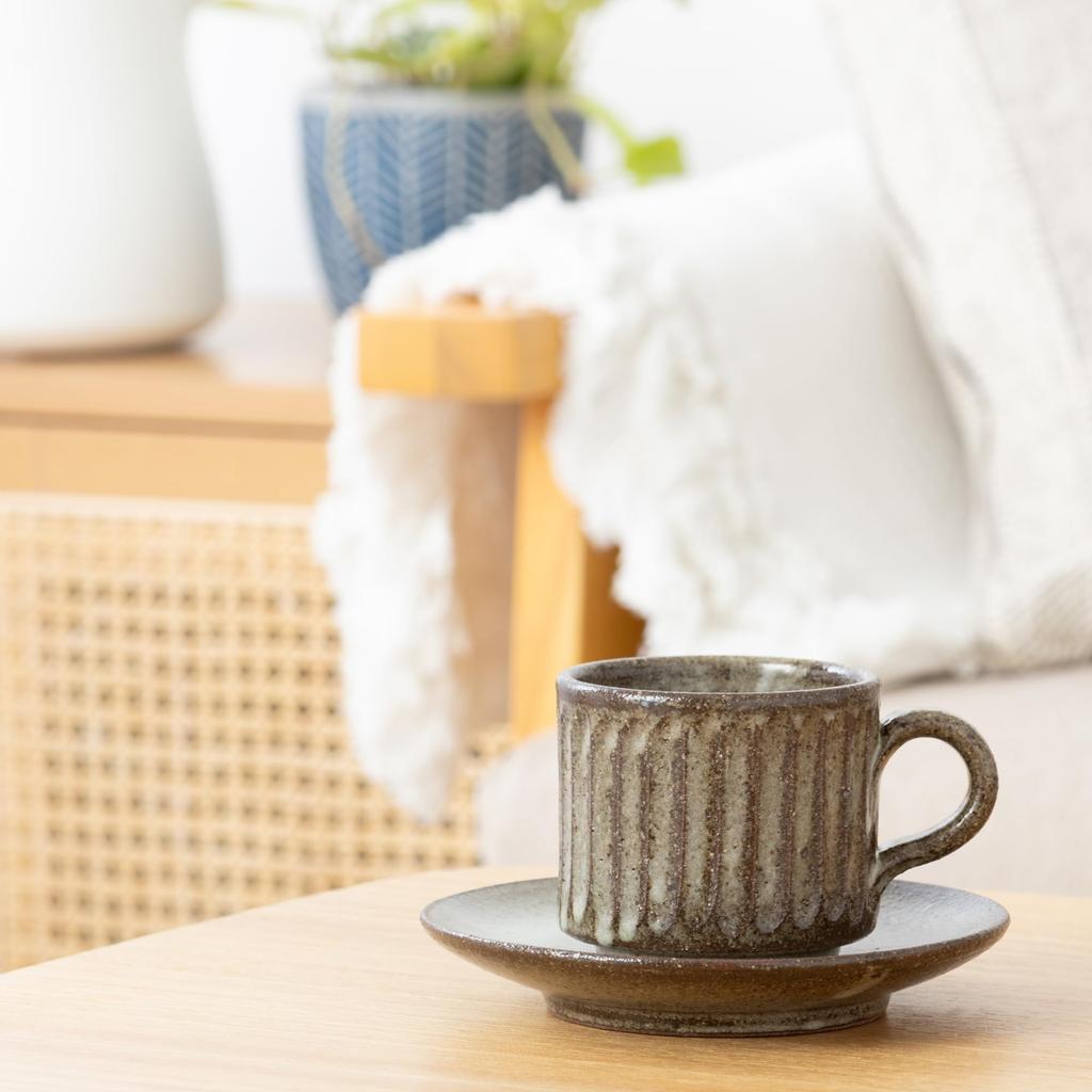 Marui Seito Shigaraki Ware Hechimon Cup & Saucer, 200ml Capacity, Ash Glaze Carving, Brown, MR-3-4387