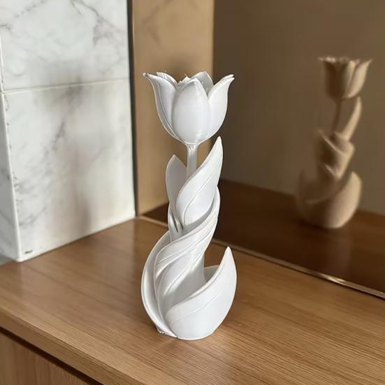 Yousheng 3D Printed Tulip Figurine, Solid White Flower Statue, Integrated Molding Decorative Ornament, Sturdy Art Decor for Bedroom Study Desktop