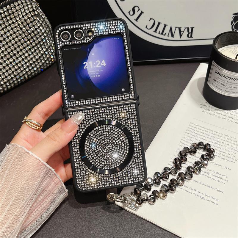 Diamond Magnetic Protective Case with Lanyard for Samsung Z Flip 6/7, Compatible with Wireless Charging