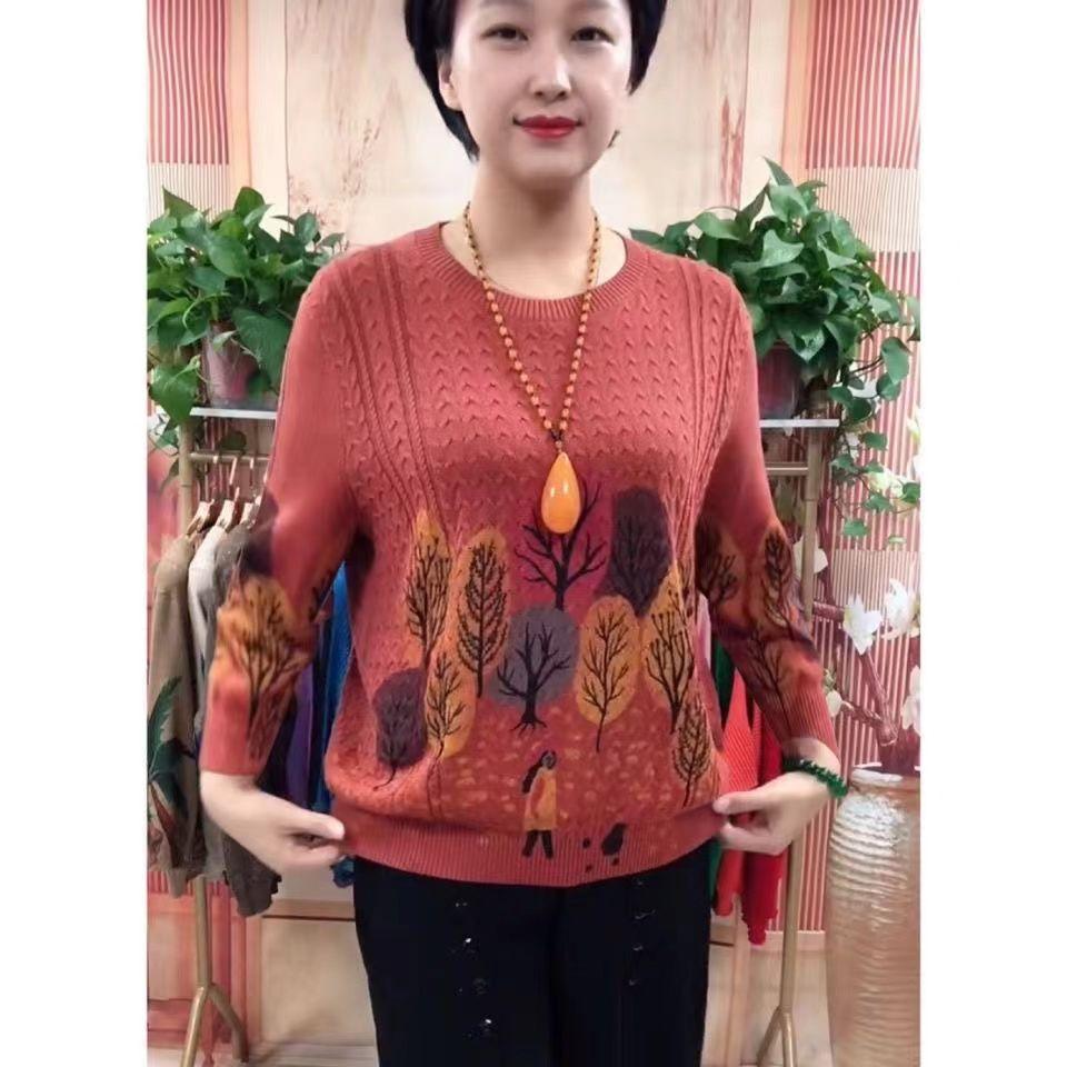 

Винтажный принт Вязаные женские топы Осень Круглый вырез Мода Длинный рукав Свободная футболка Женская одежда XXL кирпич красный