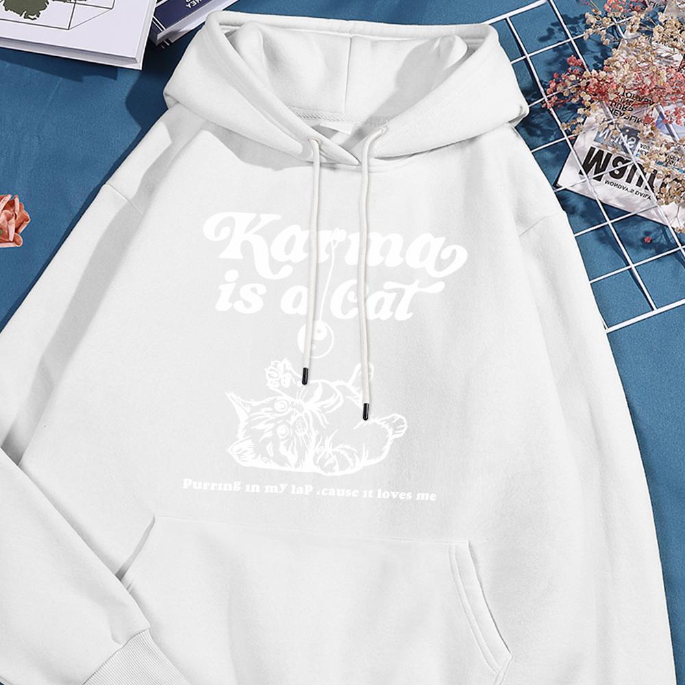 Karma Is A Cat White Sketch Printed Hoodie Female Basics Simple Sweatshirts Leisure Loose Sportwear Street Oversized Clothing
