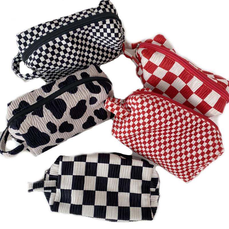 Cute Floral Makeup Bag Portable Cosmetic Bags Zipper Plaid Brushes Pouch Case for Women