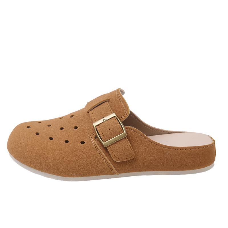 Fashion Women's Suede Clog Slippers with Buckle Breathable Boken Fashion Footwear Anti-Slip Soft Sole Outdoor Casual Mules