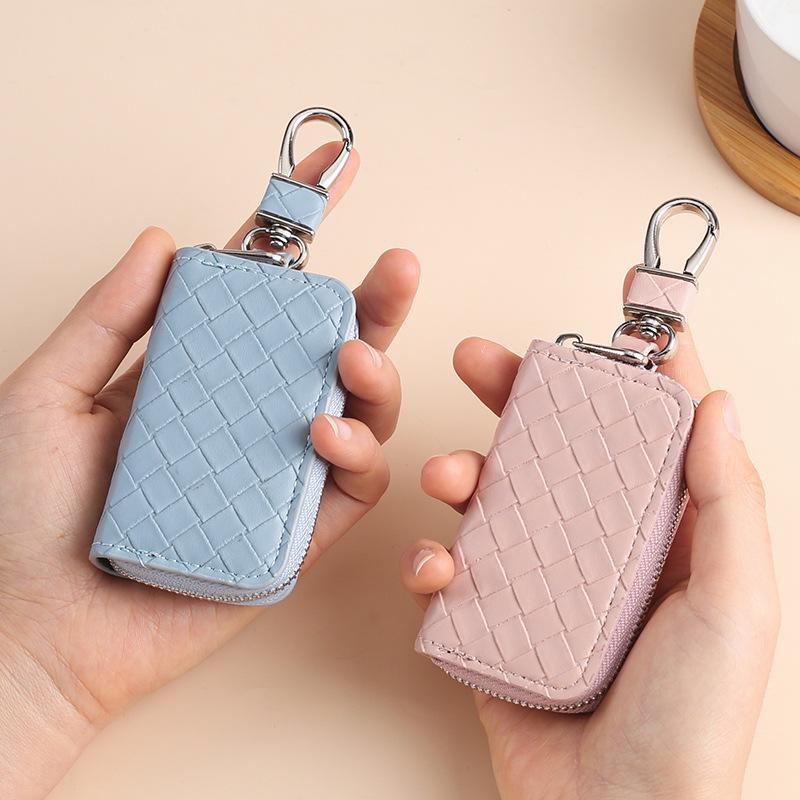 Woven Pattern Car Key Case for Men Large Capacity Zipper Key Organizer Pouch for Women Keychain Car Key Holder Car Accessories