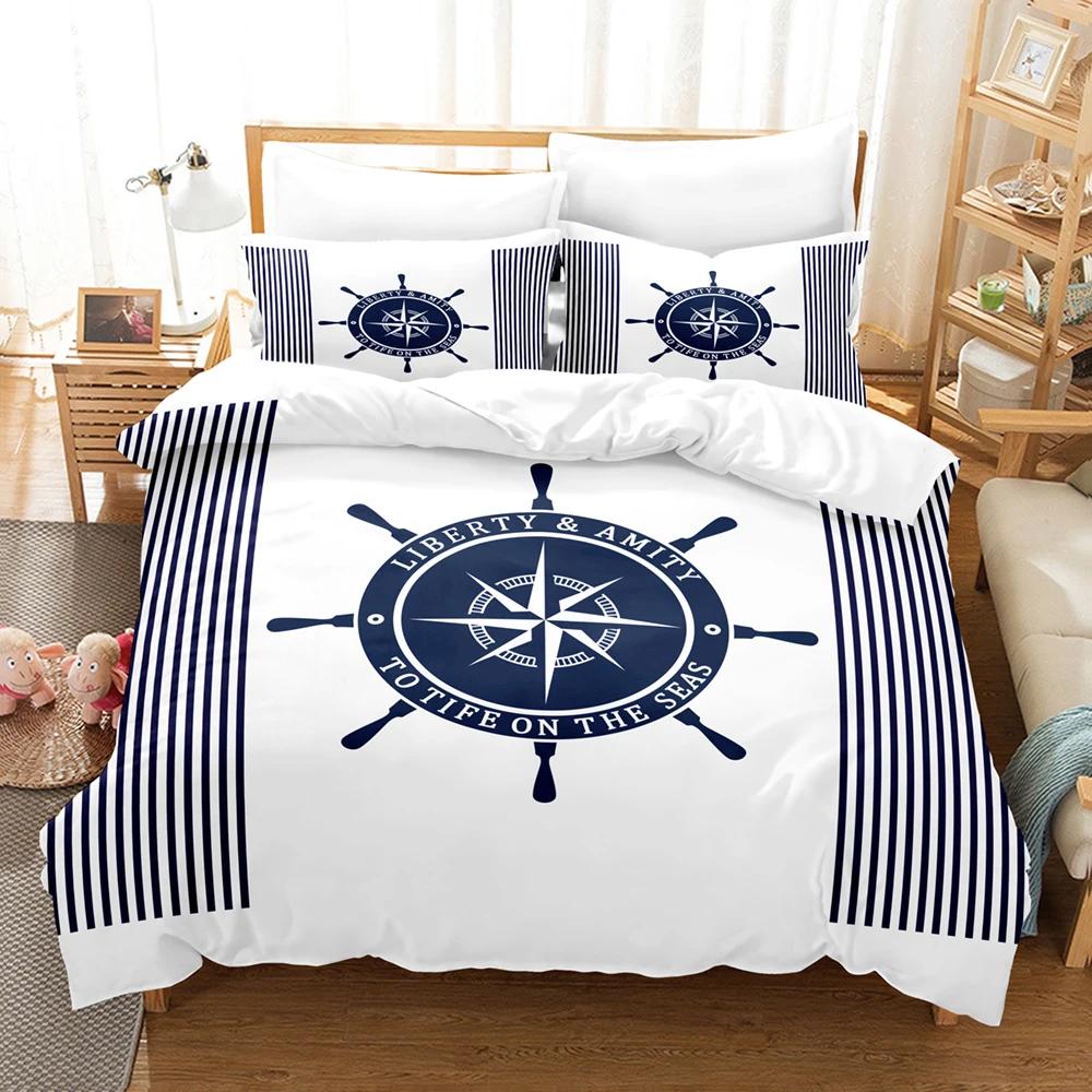 Anchor Duvet Cover Set,Nautical Pattern Classic Colors And Anchors Simplistic Design Sailor Ship Print Bedding Set Queen Size