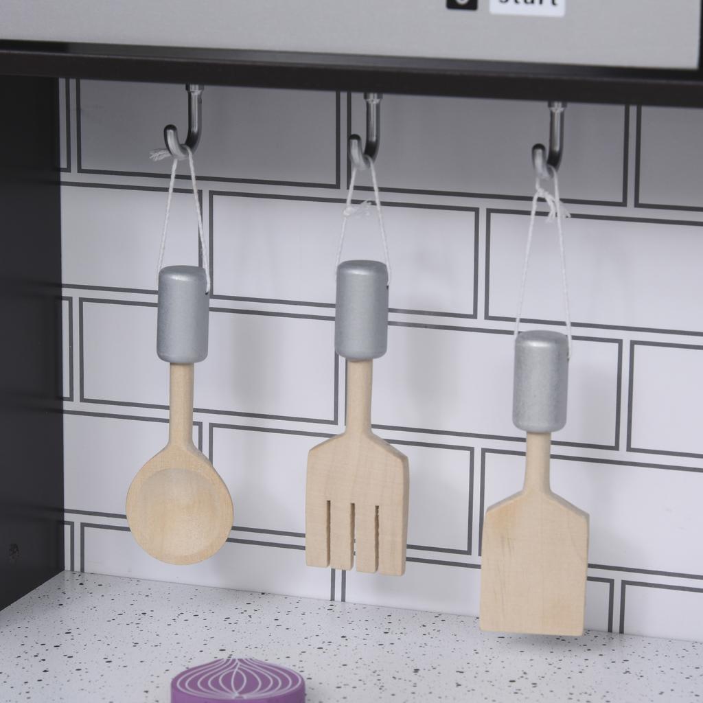 Wooden Toy Kitchen for Children with 14 Accessories, Oven, Sink, Fridge and Microwave, Age 3+ Years, 86x64x84.5cm, Silver and Brown