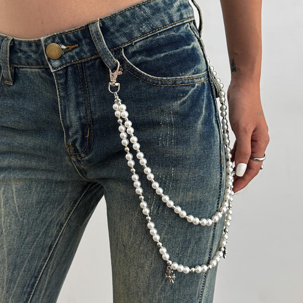 Hip-Hop Cross Pendant, Jeans Chain Pendant, Retro Imitation Pearl Beaded Waist Chain Pendant.