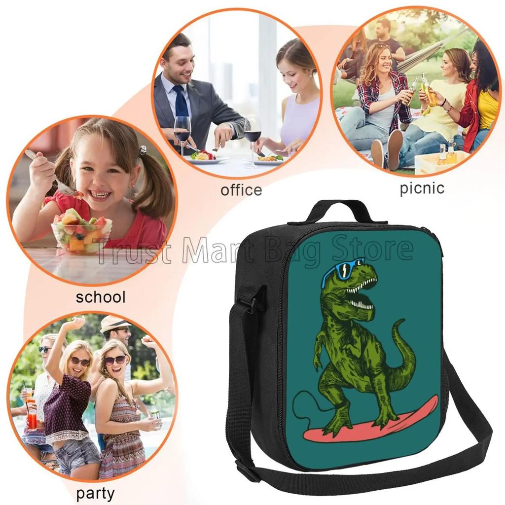Funny Dinosaur Skateboard Thermal Lunch Bags for Girls Boys Insulated Lunch Box Durable Cooler Tote Bag with Adjustable Strap