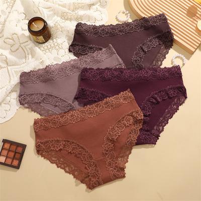 Damenunterwäsche Bequeme Slips Sexy Atmungsaktive Dessous Spitzenbesatz Mittelhohe Taille Unterhosen Weibliche Einfarbige Baumwoll-Triangel-Slips mit Gewebe