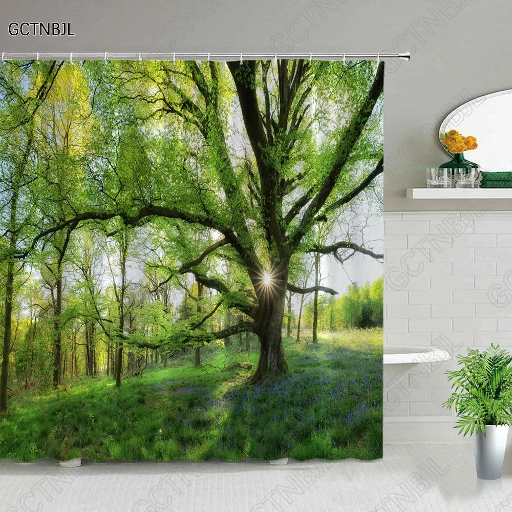 Modern 3D Printing Green Plant Tree Scenery Shower Curtains Forest Bamboo Landscape Bath Curtain Set For Bathroom Decor Cloth