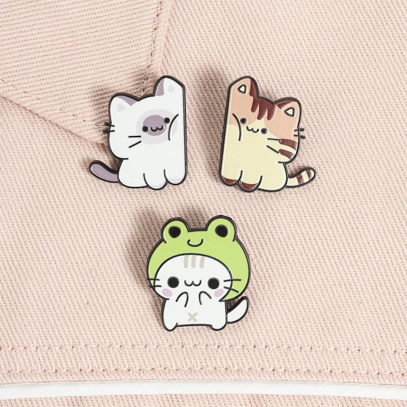 Cozy Chonky Cat Enamel Pins Set Cartoon Cat Brooches Frog Hat Tabby Cat Lapel Badges Jewelry Accessories Gifts For Girls