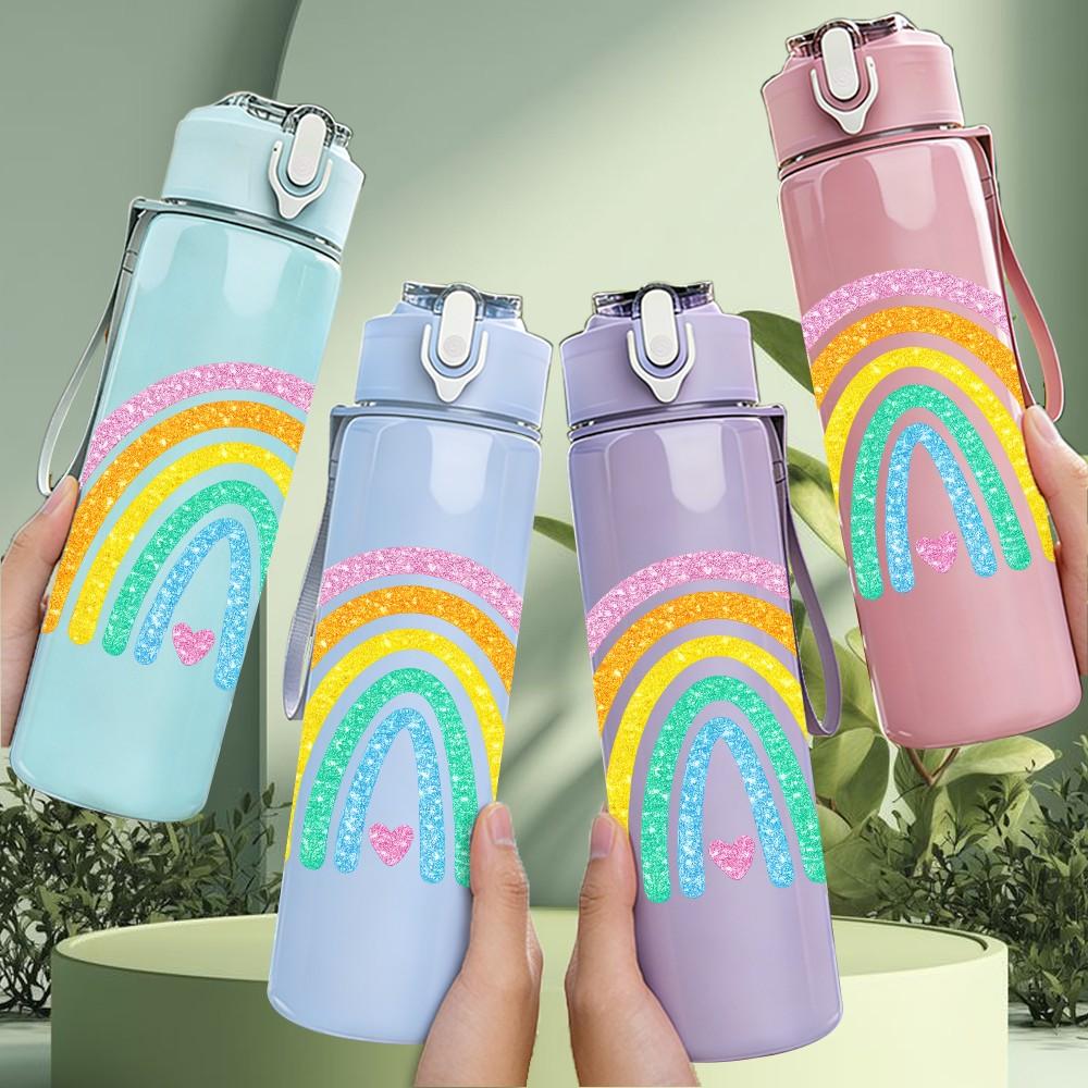 1PC Soft Pastel Rainbow Curve Art Print 750ml Color Plastic Sports Water Bottle Leakproof Flip Straw Lid Suitable for Sports Office Home Use