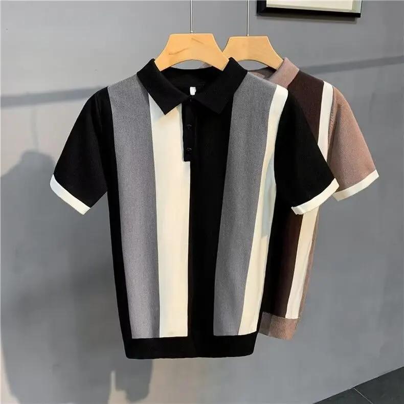 Polo de vară pentru bărbați, vintage, cu dungi, unic, cu fermoar, cu mânecă scurtă, top tricotat din mătase de gheață, tricou casual