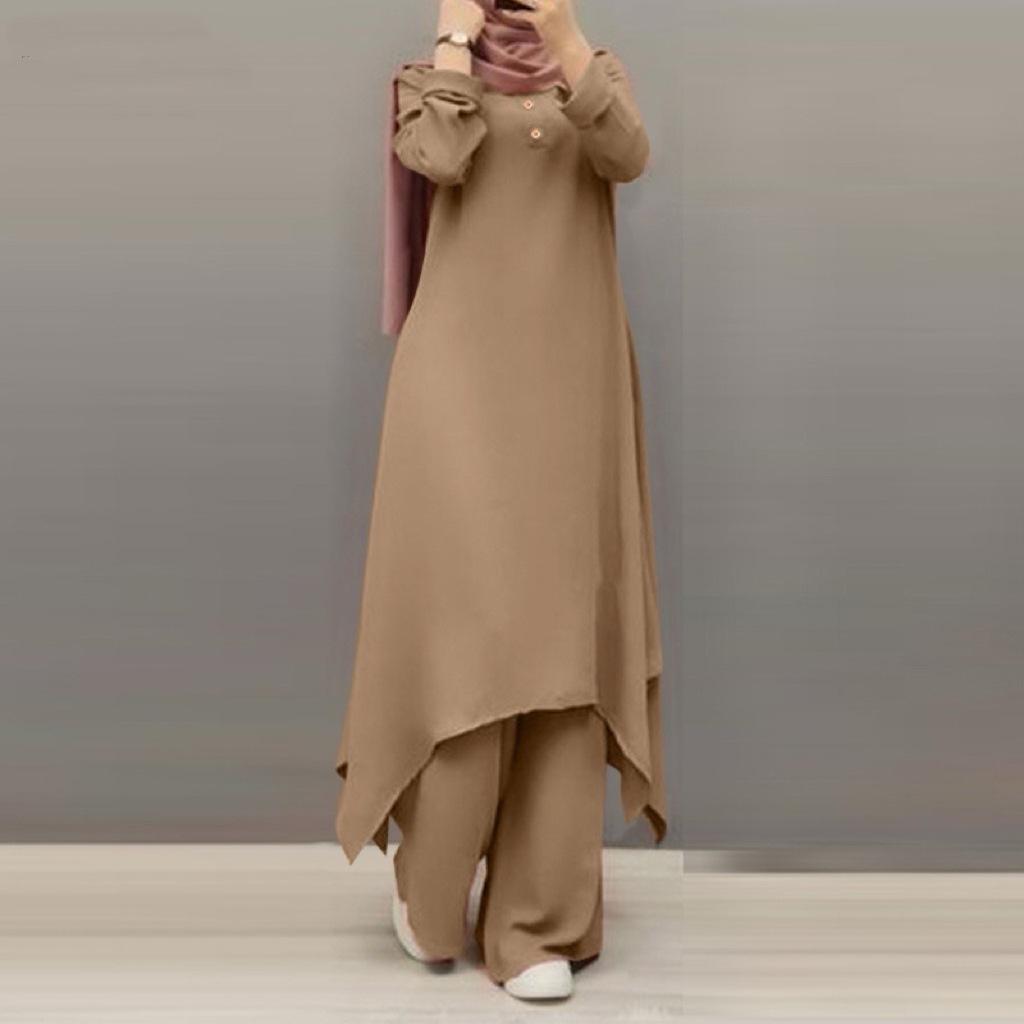 2024 Spring & Autumn Muslim Women's Solid Color Round Neck Buttoned Long Sleeve Top & Wide Leg Pants Set for Middle East.