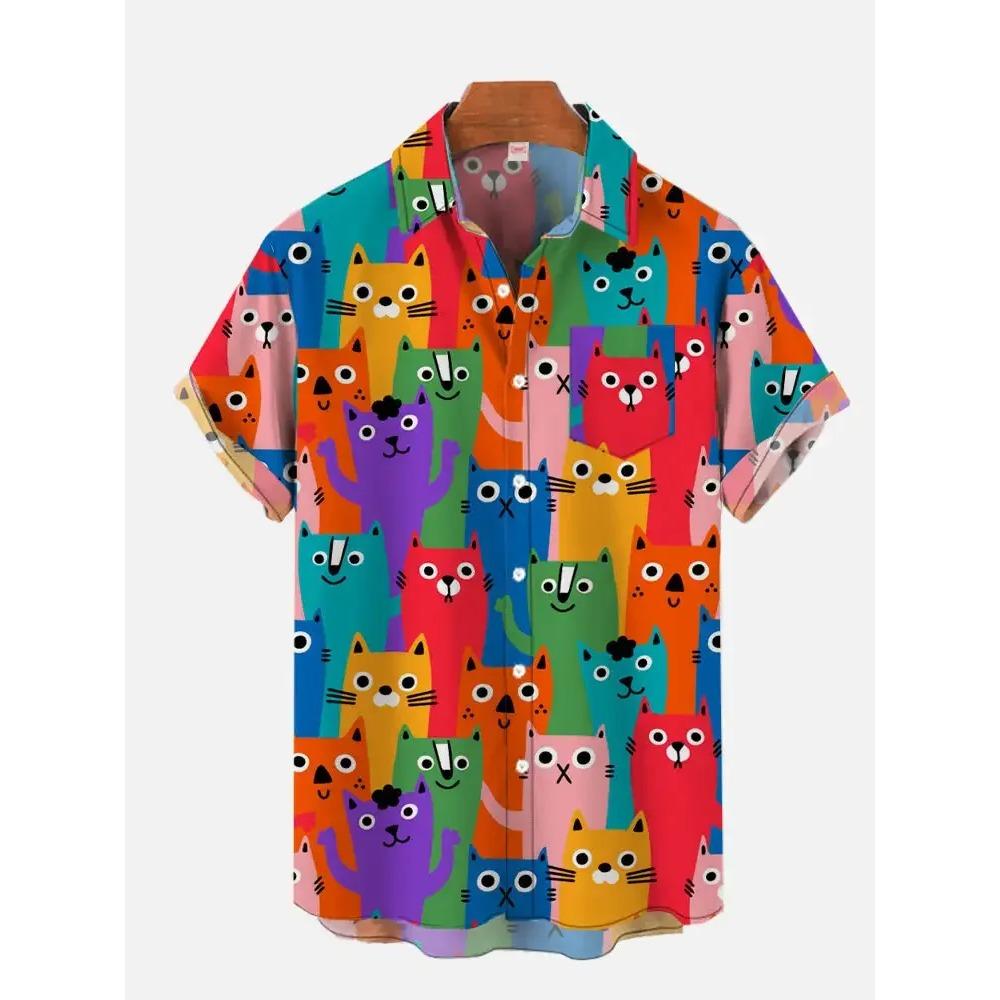 Men'S Cute Cat Printed Casual Shirt Daily Wear 3D Printing Classic Short Sleeve Fashion Hawaiian Shirts for Women Hrajuku