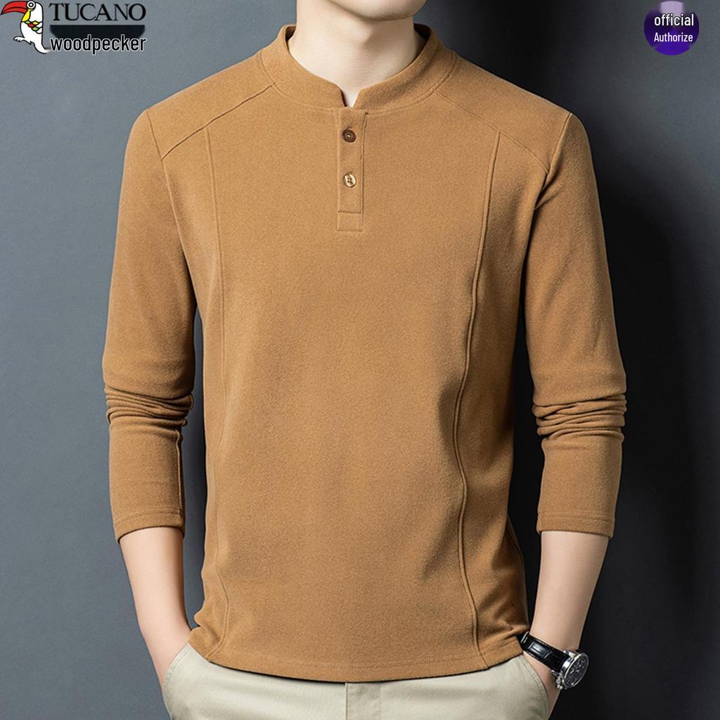 Men's Skin-Friendly Woodpecker Polo Shirt - Warm German Velvet, Stand-Up Collar, Casual Business, Autumn/Winter