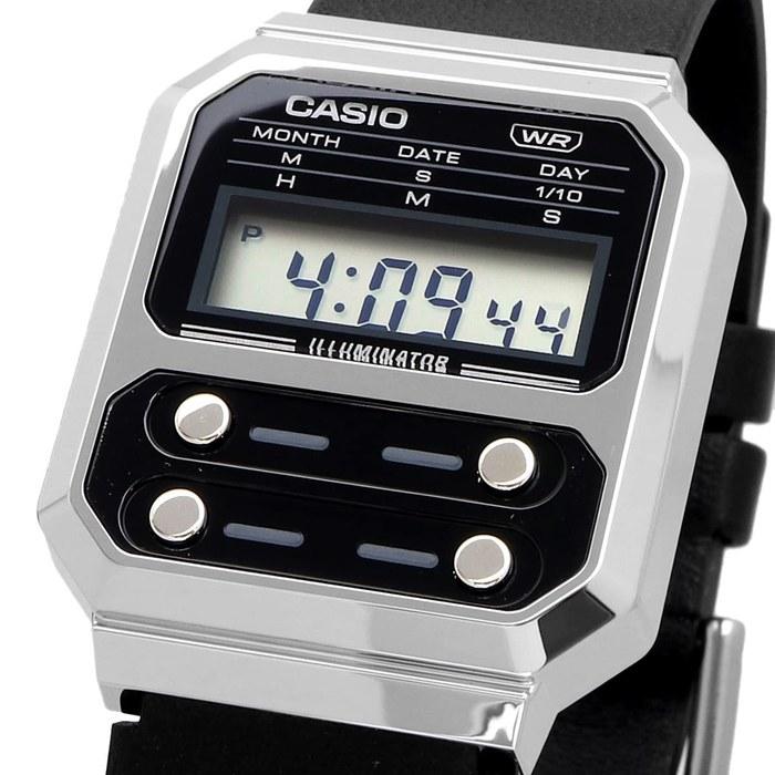Casio Digital Watch A100WEL-1A Men's Silver & Black Leather Band