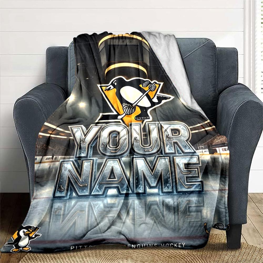 Name Custom Pittsburgh Penguins Logo Print Flannel Blanket High Quality Warm Comfortable Cover for All Seasons Perfect for Gifts Home Decor