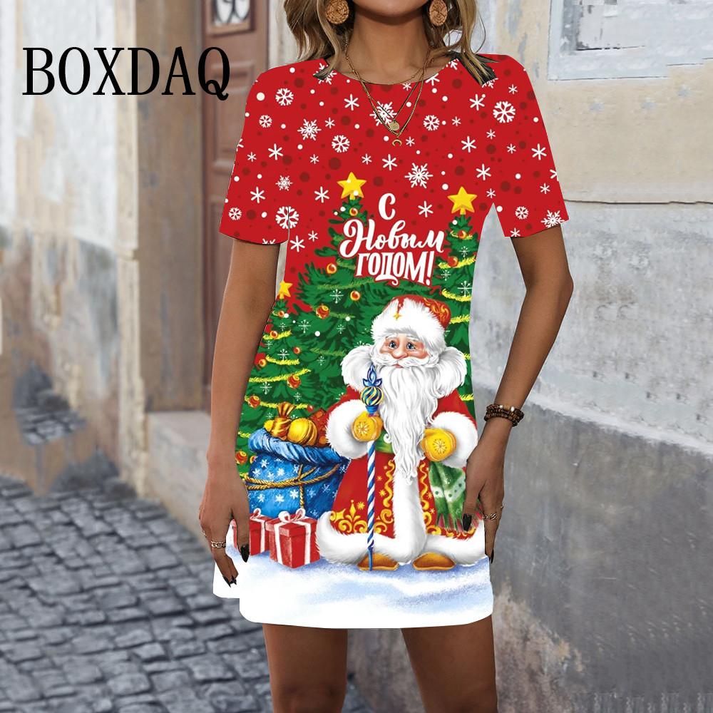 Summer Ladies Santa 3D Printed Short Sleeve Crew Neck Dress