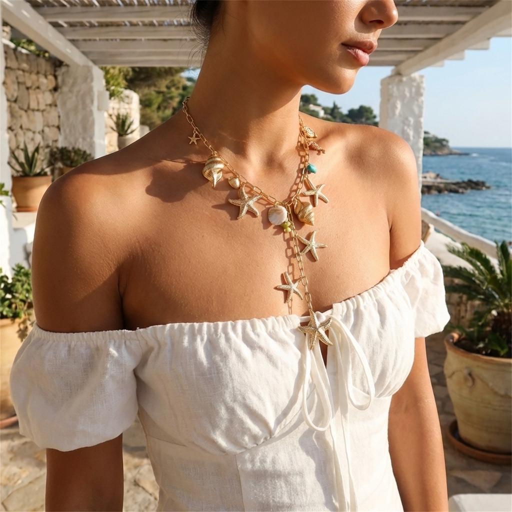 Boho Ocean Theme Gold Color Long Chain Drop Necklaces for Women Starfish Cowrie Shell Pendant Tassel Choker Beach Party Zircon