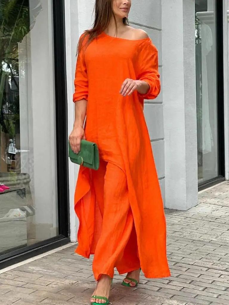 New Women's Cotton Linen Fashion Casual Plus Size Irregular Long Sleeve Set Wide Leg Pants Two Piece Outfit