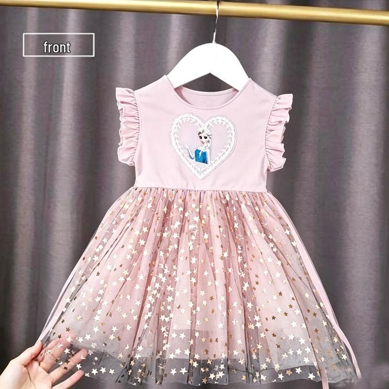 Girls' Elsa Princess Pink Star Mesh Dress - Short Sleeve Summer 2026 Edition