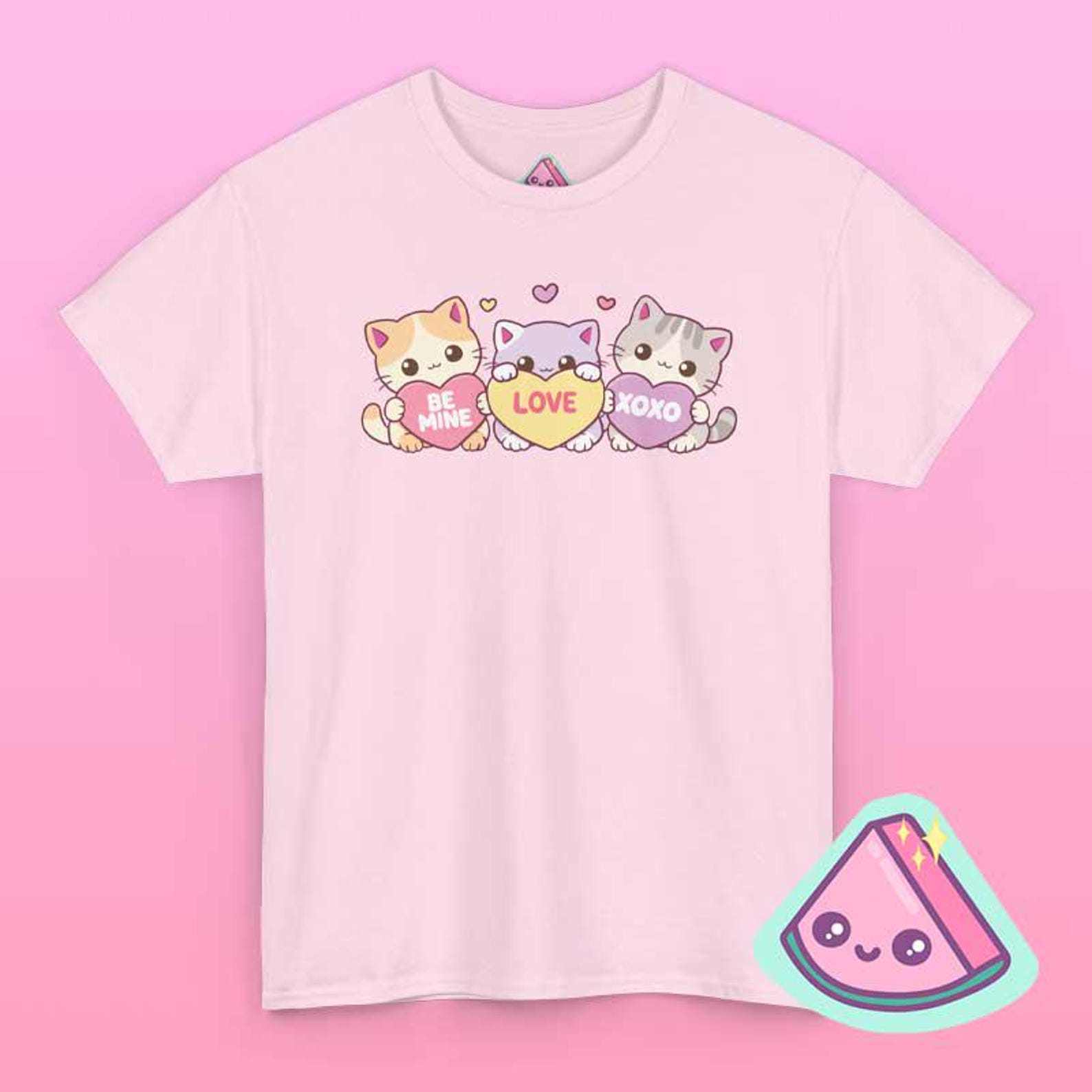 Kawaii Candy Heart Cat Shirt - Cute Cat Lover Gift, Pink Pastel Love Tee XL