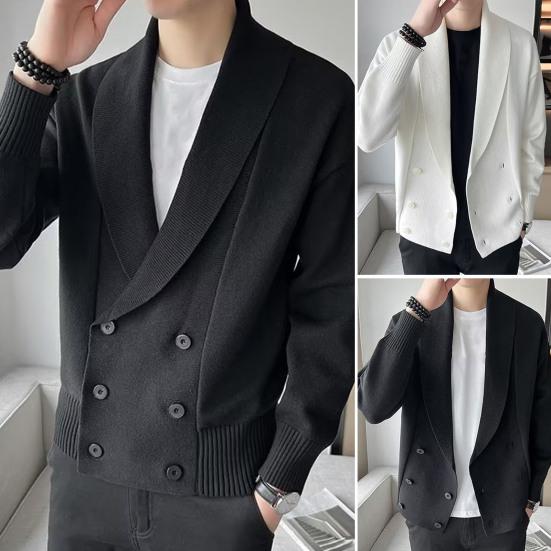 Men Sweater Coat Turn-down Collar Solid Color Long Sleeves Cardigan Buttons Warm Elastic Double-breasted Men Spring Coat for Work