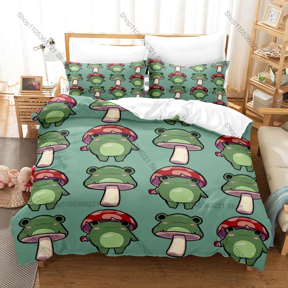 Cottagecore Frog Mushroom 3D Print Bedding Set Includes Duvet Cover + 2 Pillowcases Cute Forest Bedroom Decor For Nature Fans