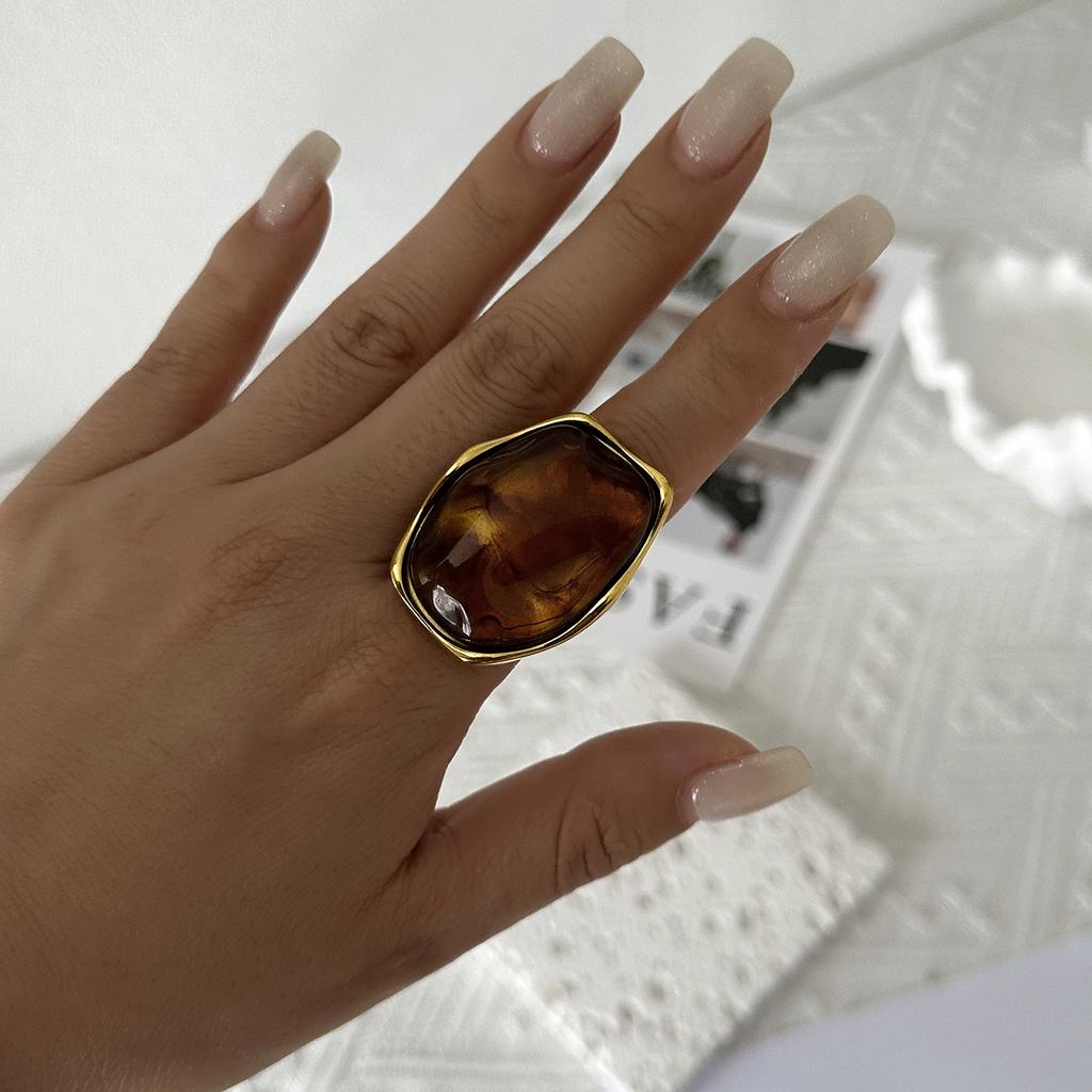 Vintage Stainless Steel Rings For Women Gold Plated Chunky Resin Tiger Eye Stone Irregular Finger Ring French Statement Jewelry