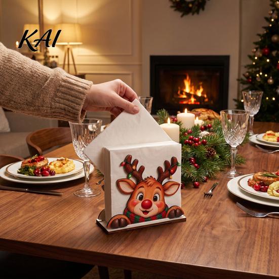 Decorative Paper Holder Wooden Christmas Napkin Holder, Cute Gingerbread Elk Santa Standing Tissue Dispenser, Stable Rack Farmhouse Cocktail Serviette