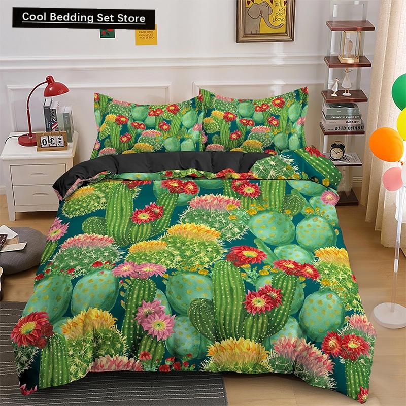 Cactus King Queen Duvet Cover Succulents Bedding Set for Kids Teens Adults Green Botanical Flowers 2/3pcs Polyester Quilt Cover