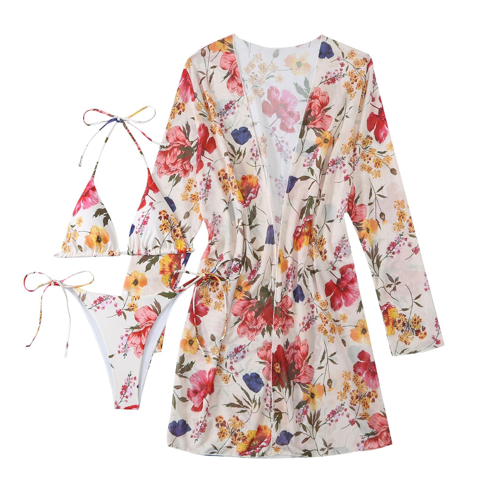 Women s Fashion Printed Mesh Three Piece Beach Cover Up Bikini Sexy Swimsuit S бежевый