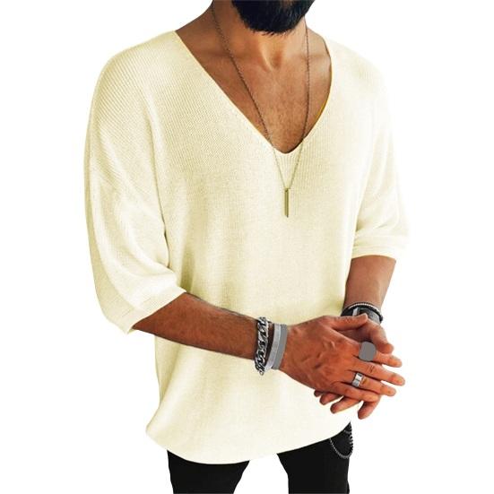 T-shirt da uomo estiva lavorata a maglia con scollo a V mezze maniche Pullover ampio in puro colore Elastico Casual di media lunghezza Sport quotidiano Top Maglieria
