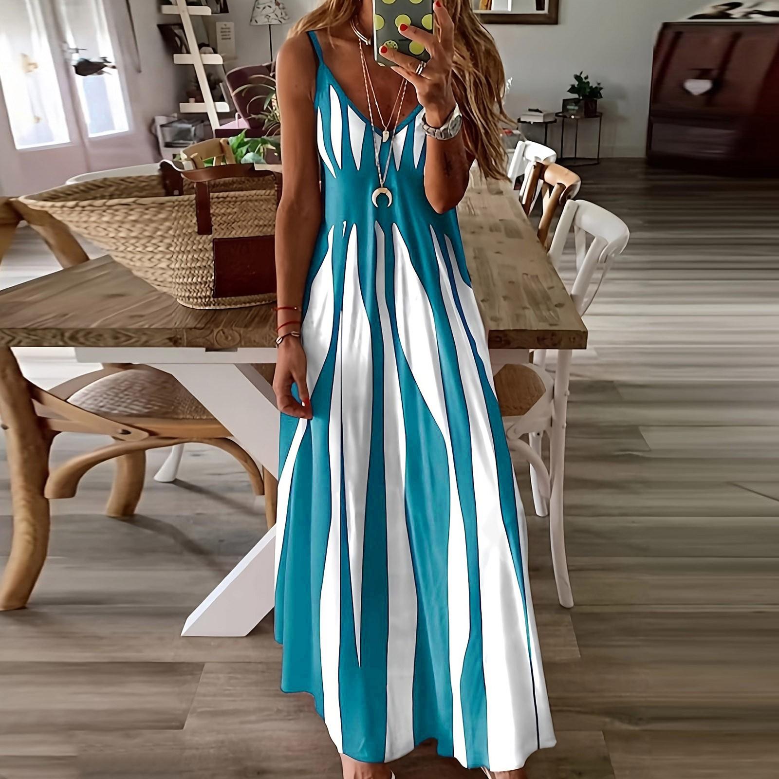 

Женские повседневные платья Летние женские платья на бретельках с геометрическим рисунком и V-образным вырезом XL синий