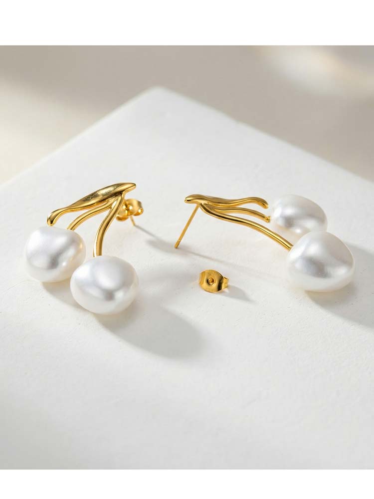 18K Gold Plated Pearl Cherry Earrings, Hypoallergenic Waterproof Stainless Steel, Elegant Jewelry for Women, Cute Fruit Studs