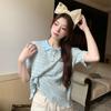 Summer Shoulder T-shirt Women's Polo Collar Knitted Sweet Short Sleeved Design Top