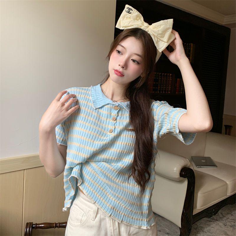 Summer Shoulder T-shirt Women's Polo Collar Knitted Sweet Short Sleeved Design Top