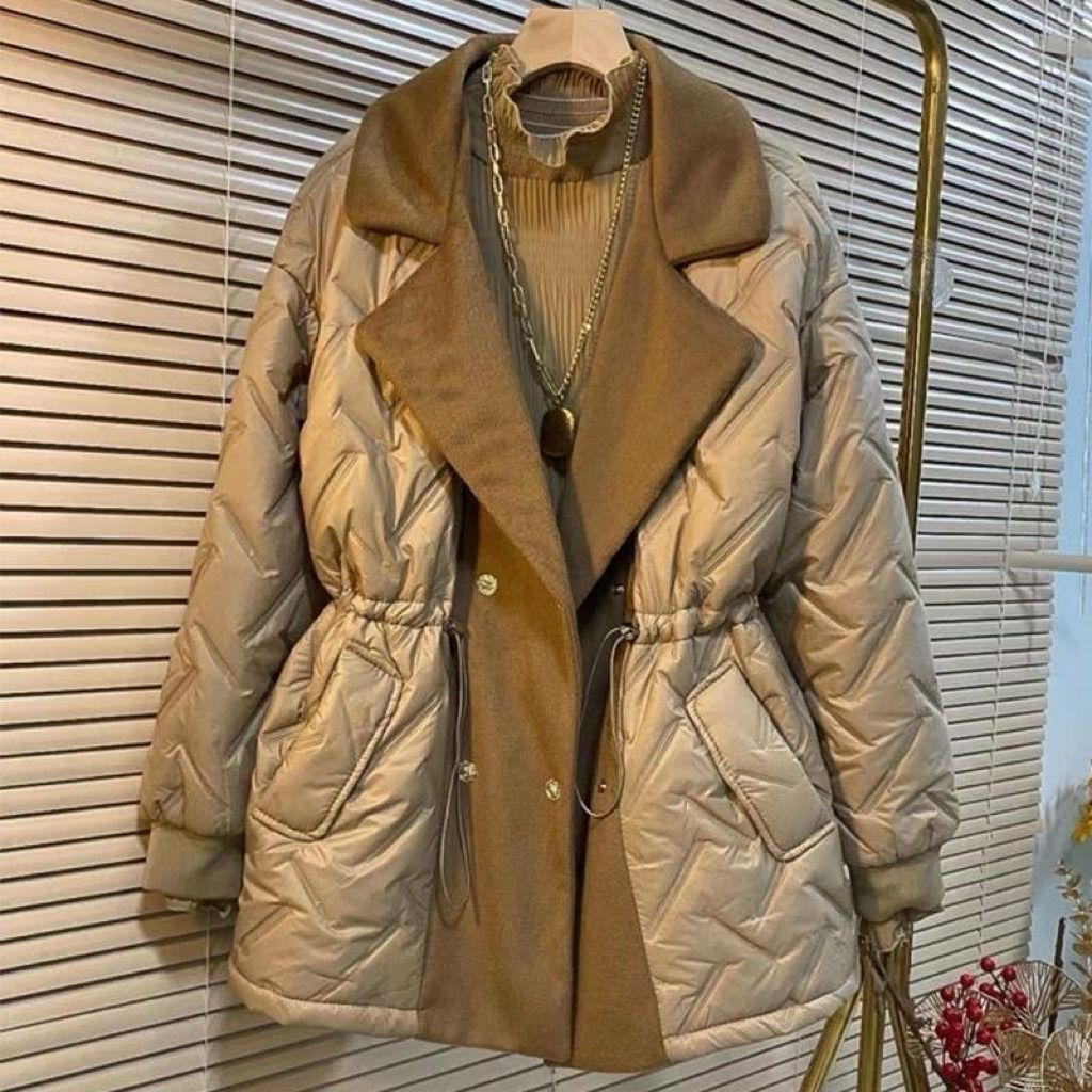 Autumn Spring Long Parkas Women Down Cotton Jacket Large Lapel Elastic Waist Snow Outwear Fashion Warm Waterproof Patchwork Coat